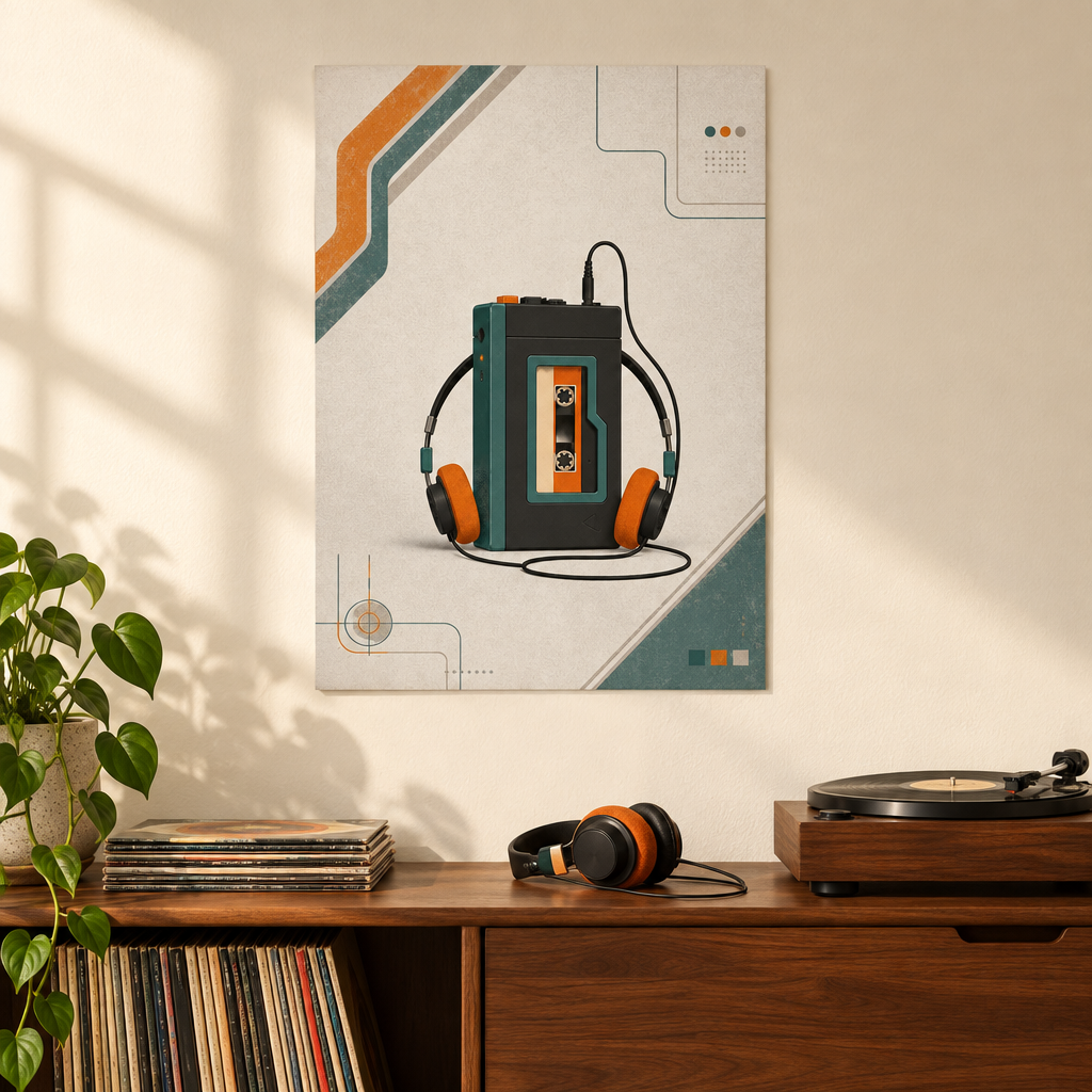 Retro cassette player poster with headphones above a wooden console with records and a turntable