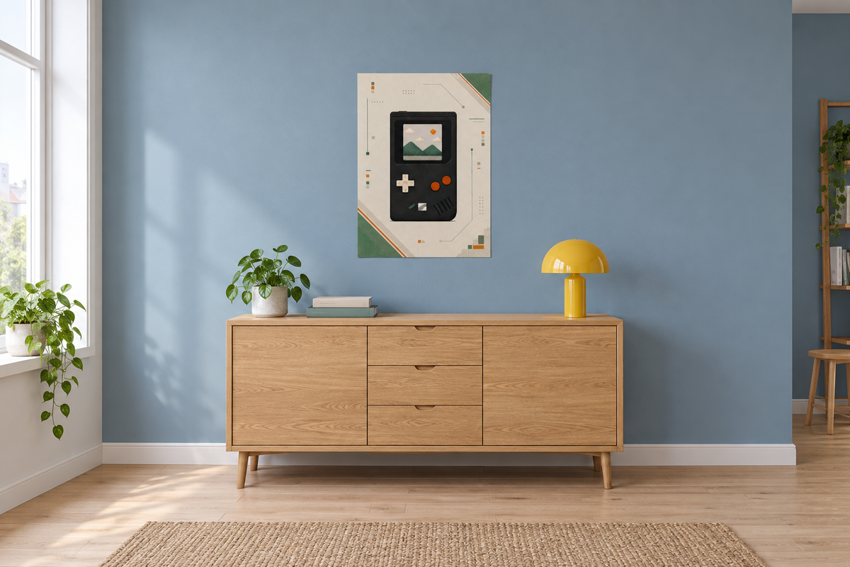 Framed retro handheld console poster above a light wood sideboard on a blue wall