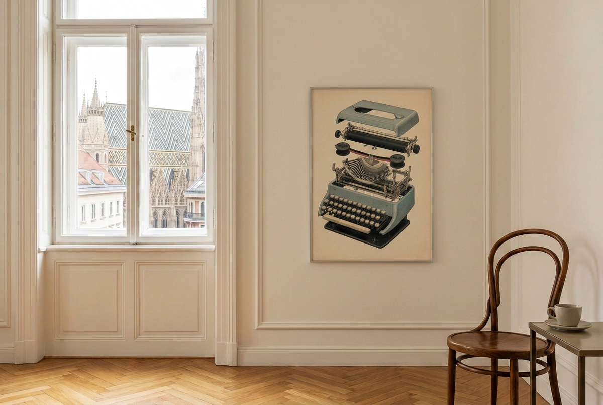 Vintage typewriter poster hanging in a Viennese apartment, with St. Stephen’s Cathedral visible through the window.