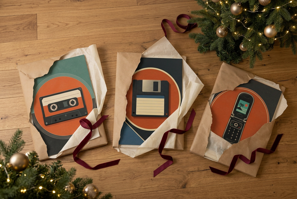 Three retro tech posters featuring a cassette tape, floppy disk and flip phone, partially unwrapped beside a decorated Christmas tree.