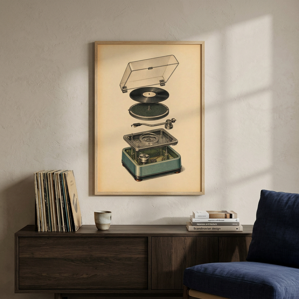Exploded-view poster of a vintage record player from the Teardown series