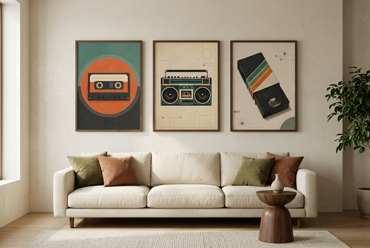 Three retro tech posters above a sofa in a warm mid-century living room