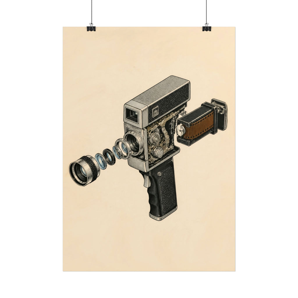 A vintage-style art print of a disassembled film camera on a warm beige background, hanging from two black clips against a white wall.