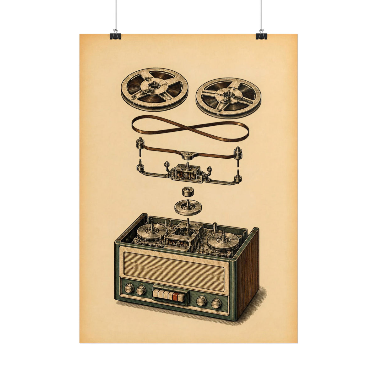 A vintage-style poster print featuring an exploded illustration of a tape recorder, with a tape loop, and internal mechanical components floating above a wooden radio body on a warm beige background.
