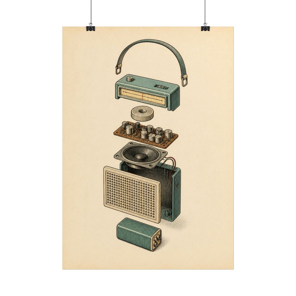 A vintage-style illustrated poster showing an exploded view of a retro portable radio, with its parts floating apart on a warm beige background. The print is clipped at the top and photographed against a light gray background.