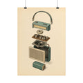 A vintage-style illustrated poster showing an exploded view of a retro portable radio, with its parts floating apart on a warm beige background. The print is clipped at the top and photographed against a light gray background.