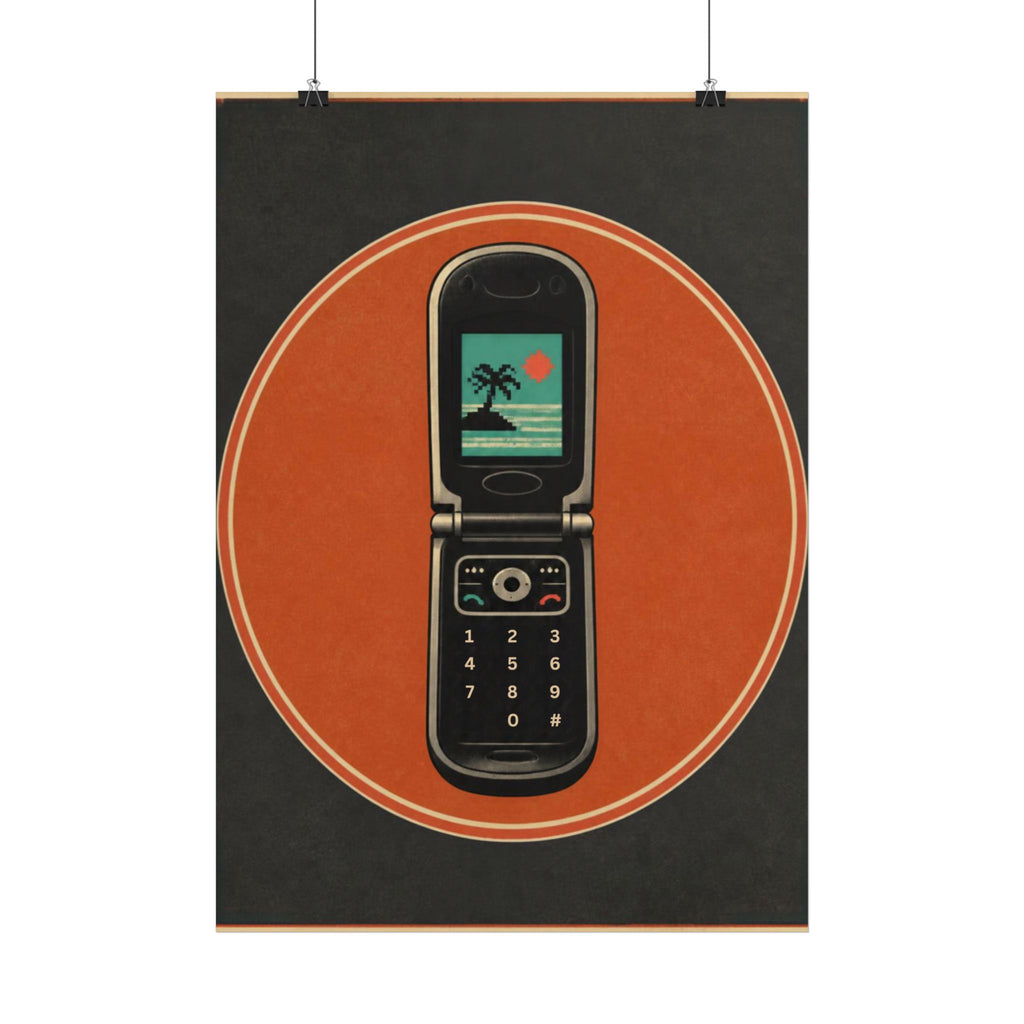Retro Flip Phone Poster — Vintage Summer Beach Graphic Wall Art, Series: „Rewind“