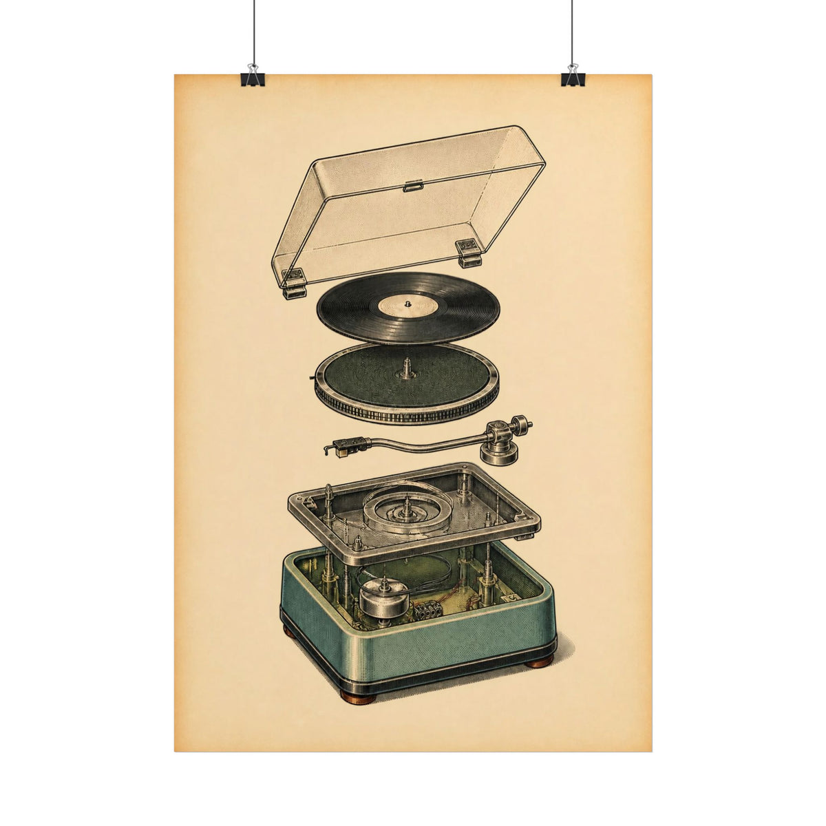 A vintage-style poster print showing an exploded view of a record player, with a vinyl record, turntable headstock, and inner components floating above a teal and silver base on a warm beige background. The poster is displayed hanging from two black clips against a plain white wall.