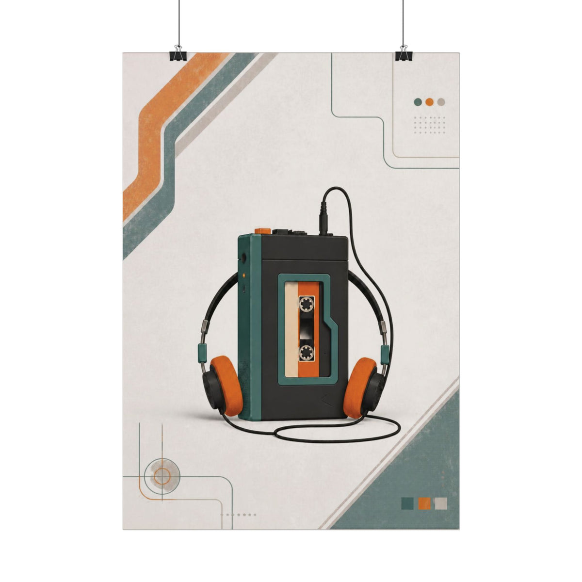 Retro Cassette Tape Poster — Vintage Music Headphones Wall Art, Series: „Rewind“