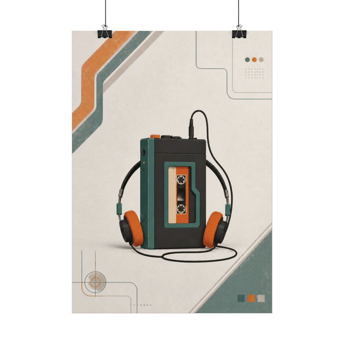 Retro Cassette Tape Poster — Vintage Music Headphones Wall Art, Series: „Rewind“