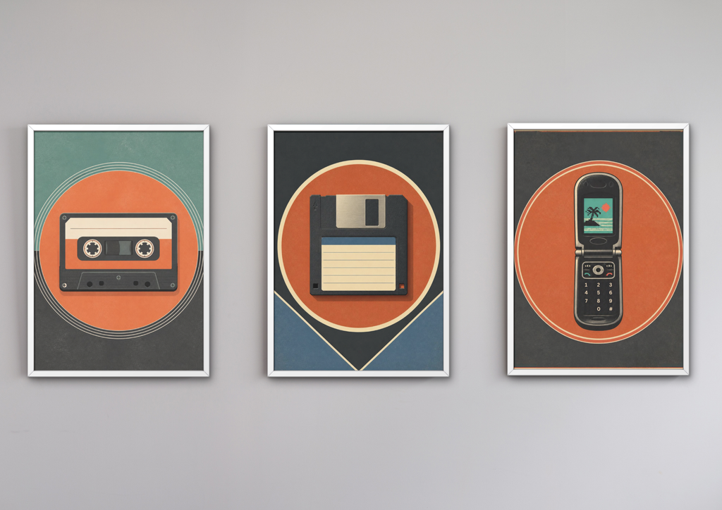 Retro Flip Phone Poster — Vintage Summer Beach Graphic Wall Art, Series: „Rewind“
