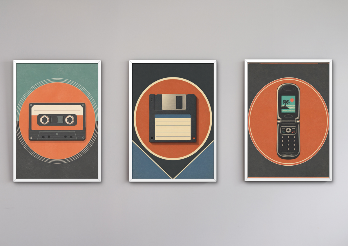Retro Flip Phone Poster — Vintage Summer Beach Graphic Wall Art, Series: „Rewind“
