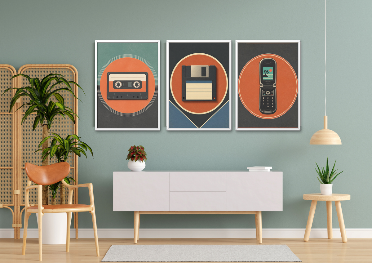 Retro Flip Phone Poster — Vintage Summer Beach Graphic Wall Art, Series: „Rewind“