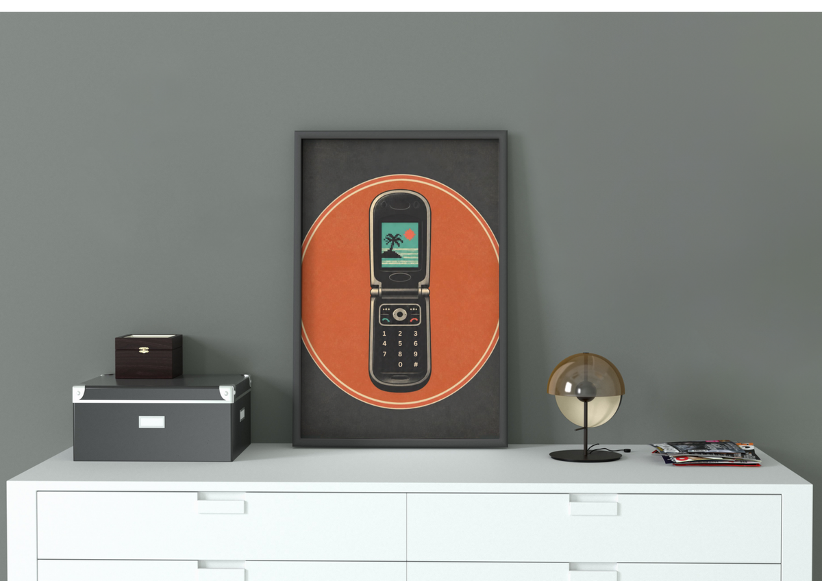 Retro Flip Phone Poster — Vintage Summer Beach Graphic Wall Art, Series: „Rewind“