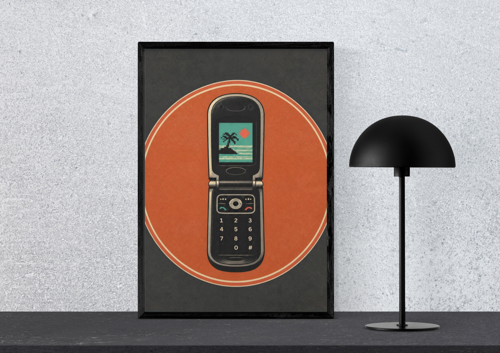 Retro Flip Phone Poster — Vintage Summer Beach Graphic Wall Art, Series: „Rewind“
