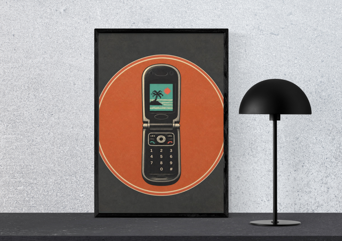 Retro Flip Phone Poster — Vintage Summer Beach Graphic Wall Art, Series: „Rewind“