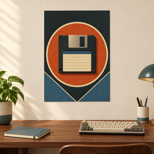 A framed wall art print featuring a retro 1980s floppy disk design hangs above a wooden desk in a styled home office setting with a keyboard, notebook, lamp, and plant.
