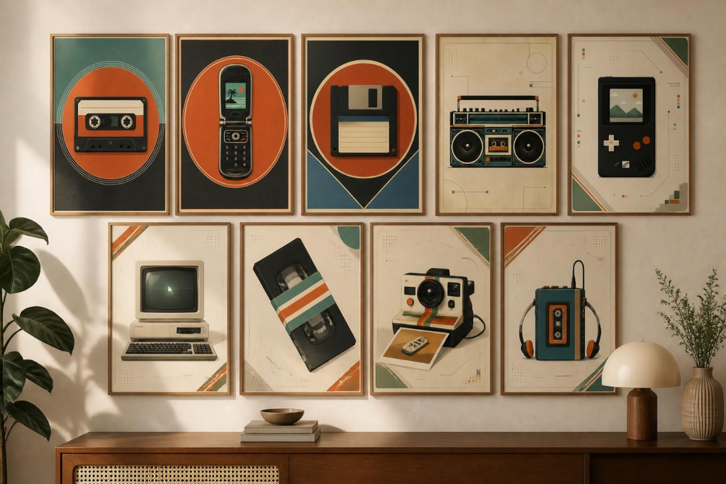 A set of nine framed retro-themed art prints hangs on a beige wall above a wooden console table. The prints feature stylized illustrations of vintage technology and consumer items, including a cassette tape, a flip phone, a floppy disk, a boombox, a handheld game console, a computer monitor, a VHS tape, a camera, and a cassette tape with headphones.