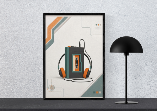 Retro Cassette Tape Poster — Vintage Music Headphones Wall Art, Series: „Rewind“