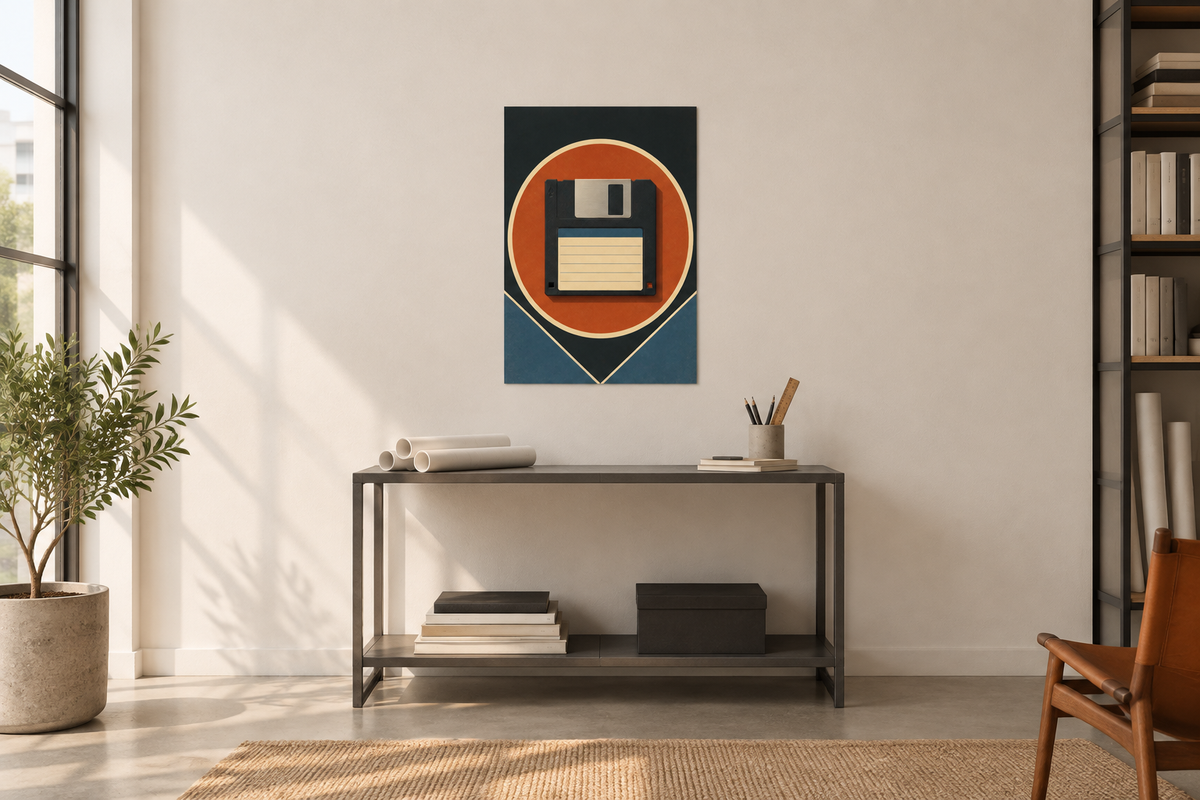 An A2 retro floppy disk poster hanging above a desk in a home office.
