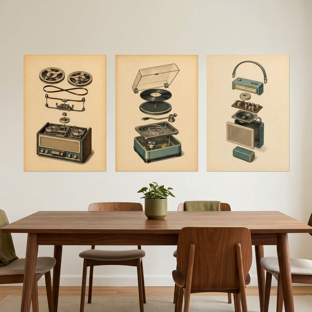 Three vintage-style wall art prints depicting exploded views of a reel-to-reel tape recorder, a turntable, and a portable radio, displayed above a wooden dining table with chairs in a modern room setting.