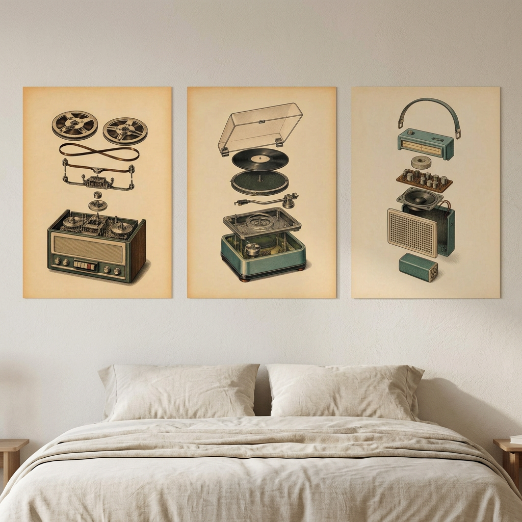 Three vertical wall art prints showing vintage audio equipment exploded views are displayed above a neatly made bed in a bedroom setting.