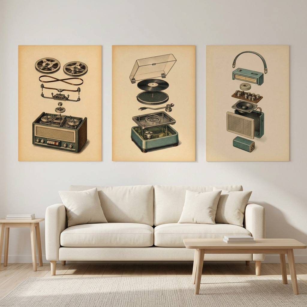 Three framed vintage-style wall art prints showing exploded views of a reel-to-reel recorder, a turntable, and a radio, displayed above a cream sofa in a modern living room setting.