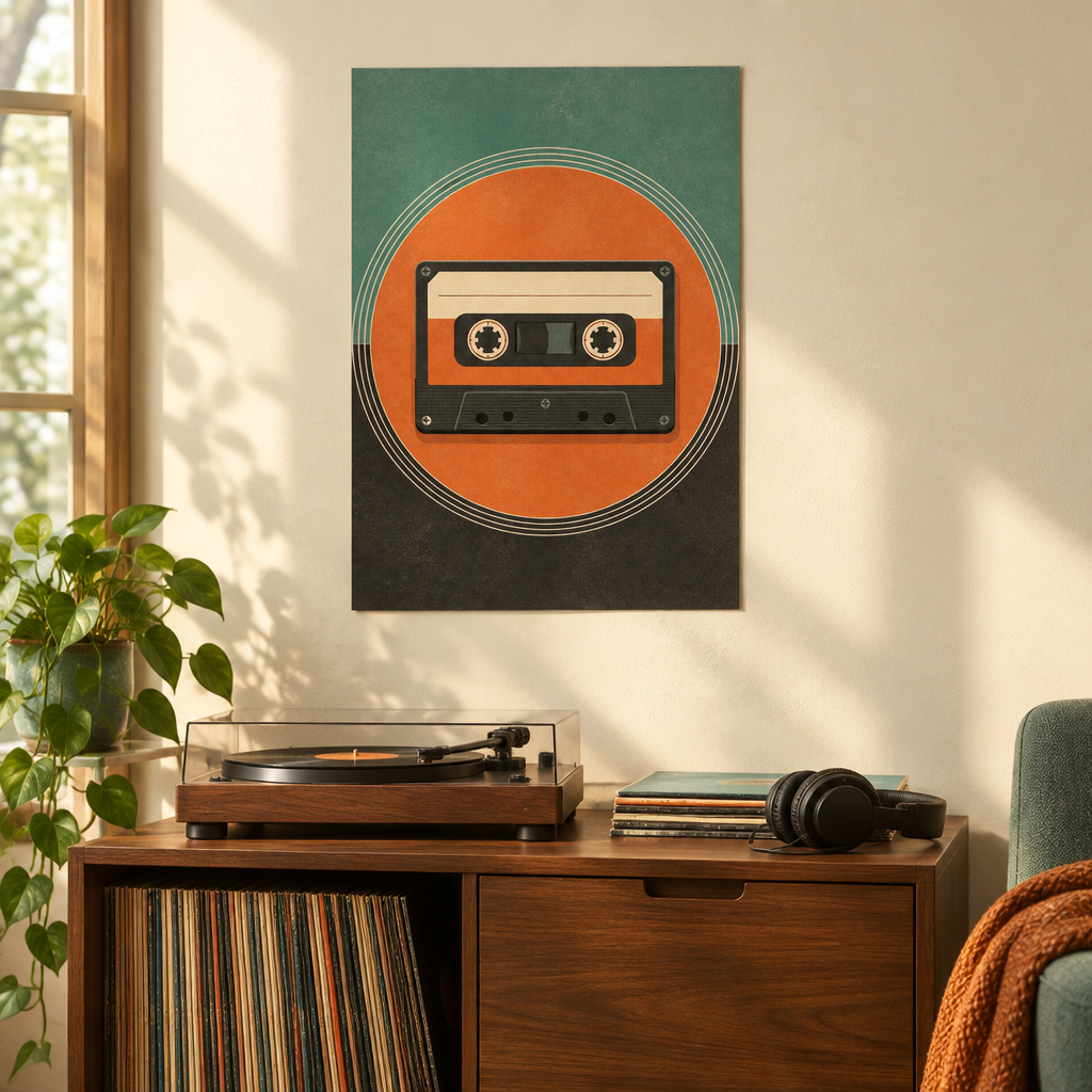 A retro-style cassette tape wall art print hangs on a beige wall above a wooden record cabinet in a sunlit room. The print features a black cassette centered in an orange circle against teal and black geometric blocks.
