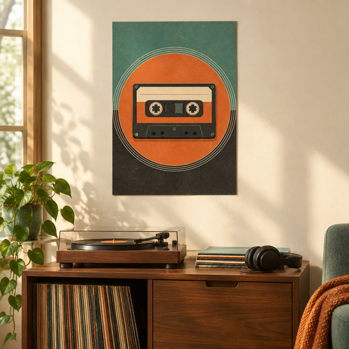 A retro-style cassette tape wall art print hangs on a beige wall above a wooden record cabinet in a sunlit room. The print features a black cassette centered in an orange circle against teal and black geometric blocks.