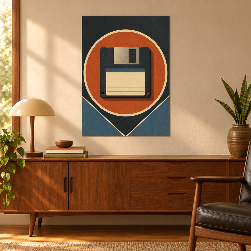 A retro floppy disk poster from the Rewind series hanging above a mid-century modern wooden sideboard in a warm living room.