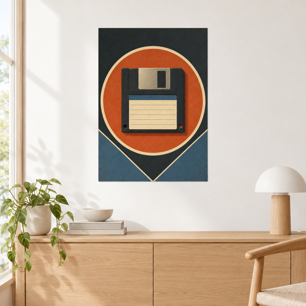 A retro floppy disk poster from the Rewind series on a light wall in a minimalist room with simple wooden furniture.