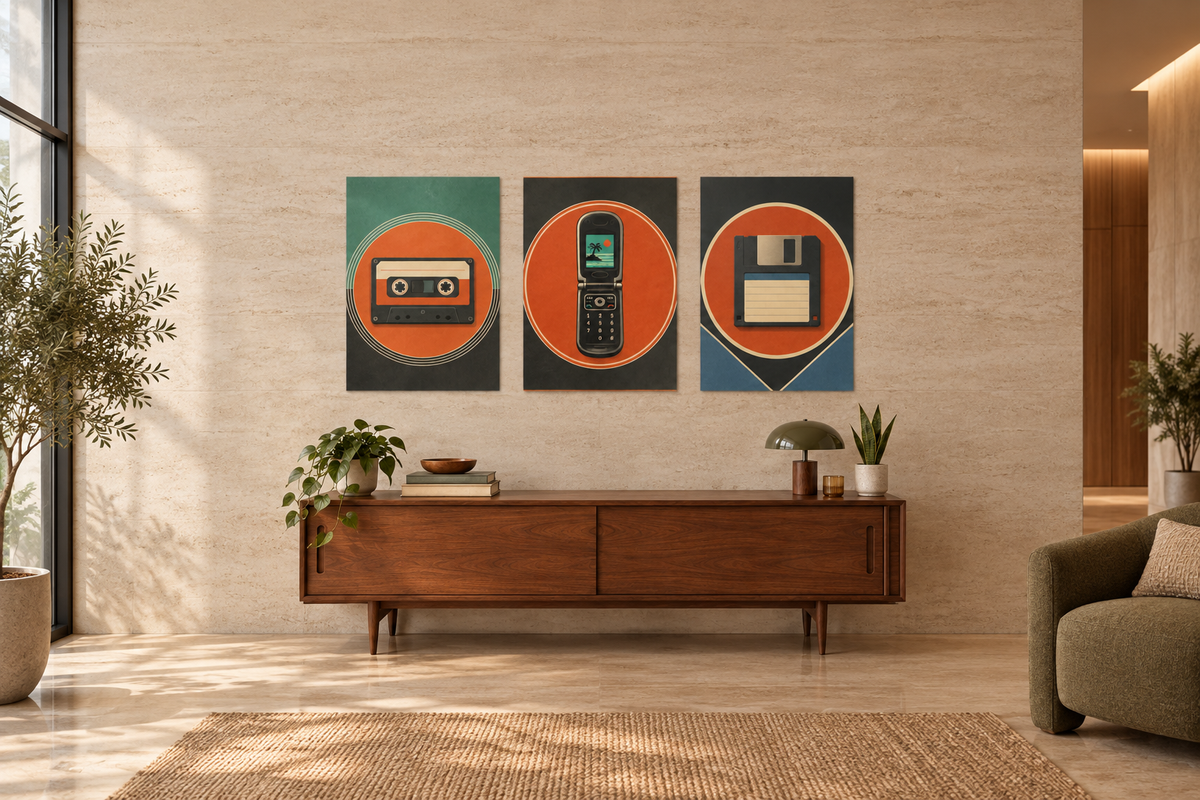 A three-panel retro wall art set hangs above a mid-century modern wooden console in a styled living room. The artwork features abstract circular designs in orange, teal, and dark blue with vintage tech motifs: a cassette tape, an open mobile phone, and a floppy disk.
