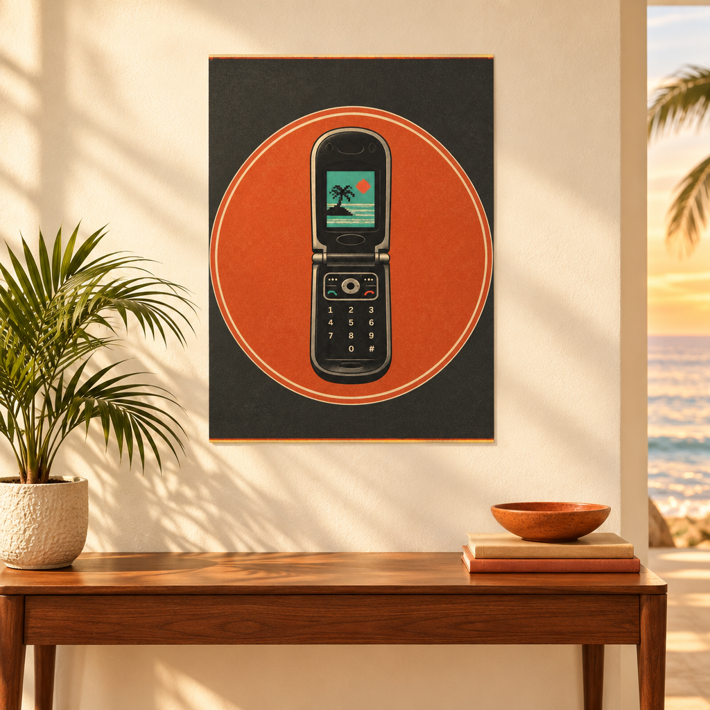 A framed wall art print featuring a retro flip phone inside an orange circle on a dark background, displayed above a wooden console table in a styled interior with a plant and ocean view.