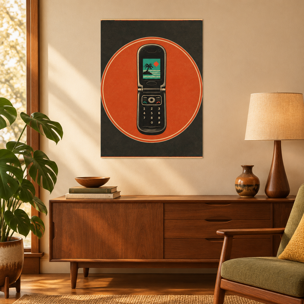 A framed wall art print featuring a retro flip phone inside an orange circle on a dark background, displayed above a mid-century modern wooden sideboard in a warm, sunlit living room.