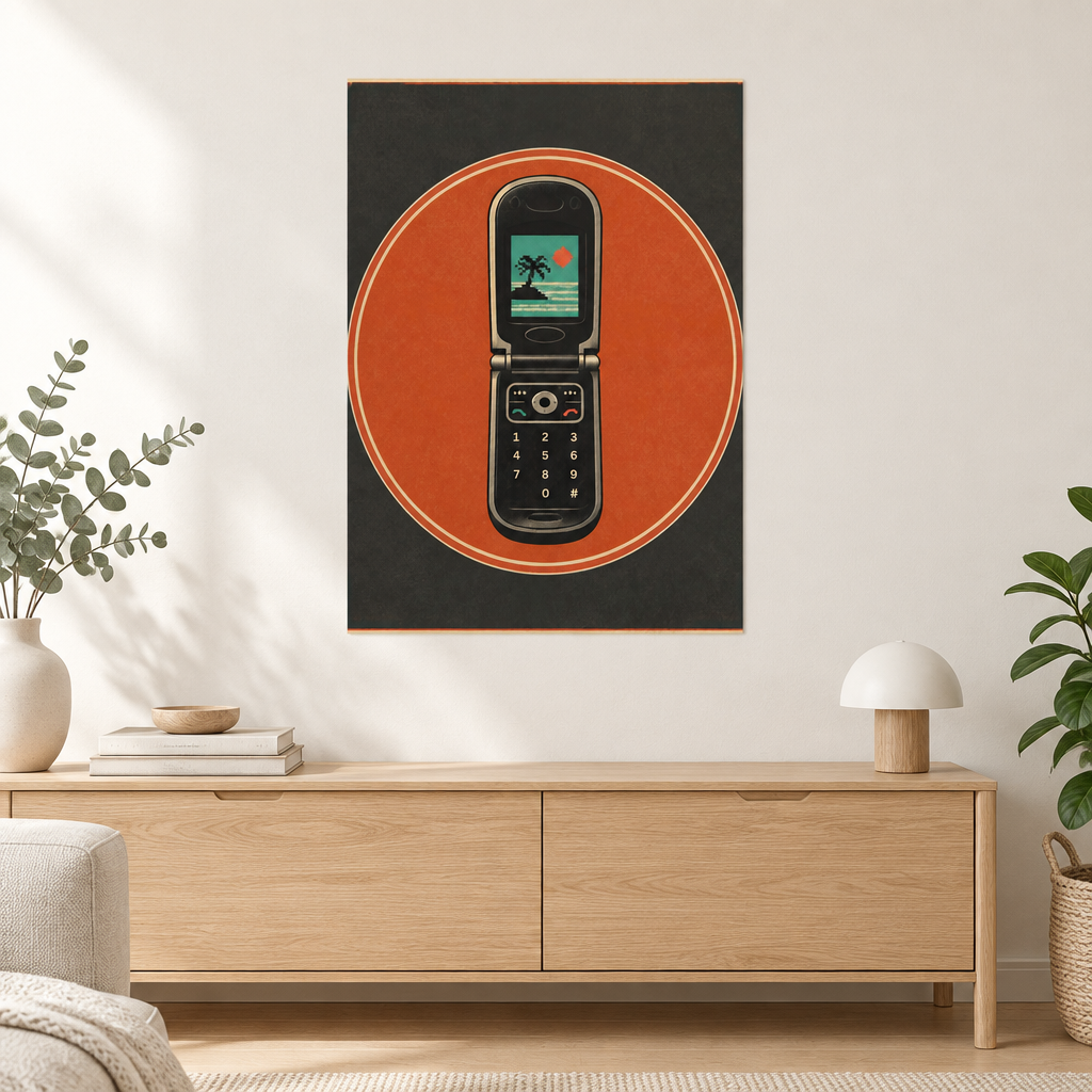 A vertical wall art print featuring a retro black flip phone centered inside a large orange circle on a dark charcoal background, displayed above a light wood console in a styled living room.