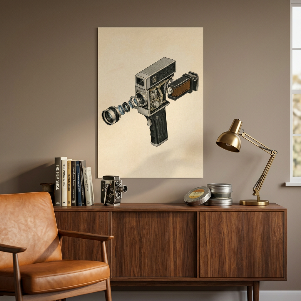 A vertical vintage movie camera poster displayed in a styled room above a wooden sideboard with a leather chair and a brass desk lamp.