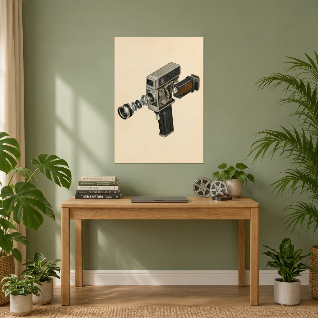 A framed wall art print featuring a vintage film camera illustration, displayed above a wooden console table in a styled room with potted plants and decor.