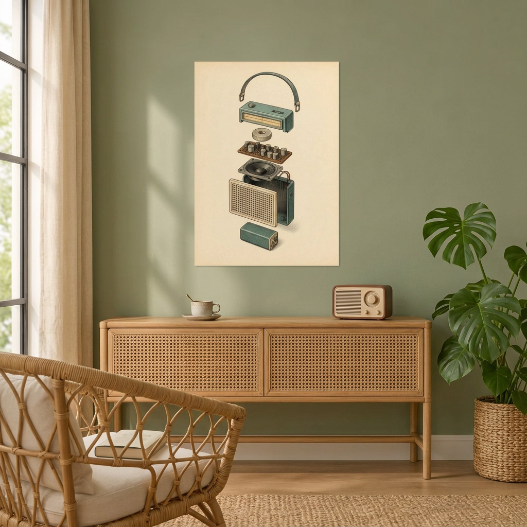 A vertical wall art print featuring an exploded vintage radio illustration on a cream background, displayed on a sage green wall above a wooden console table in a styled room with a wicker chair, plant, and window.