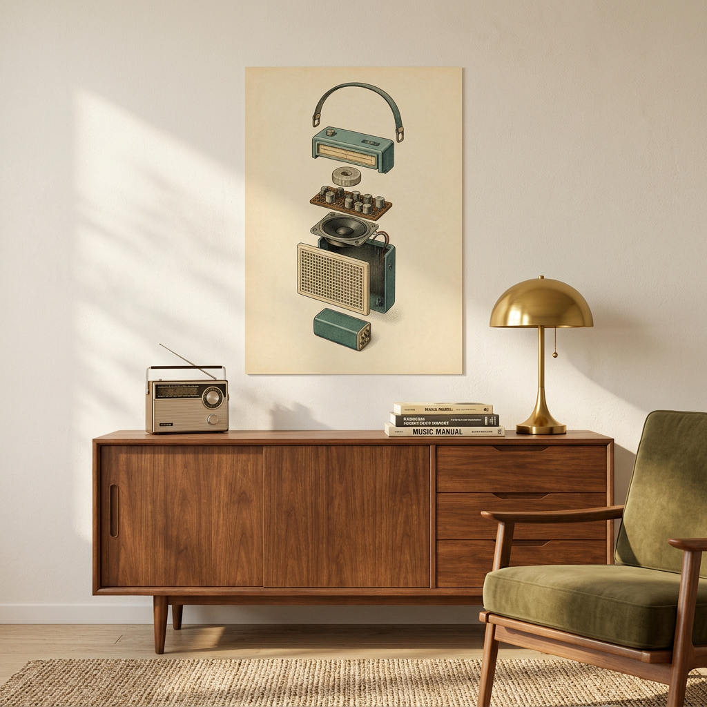 A vertical wall art print featuring a retro exploded view of vintage radios and a turntable, displayed in a styled room above a mid-century wooden credenza with a brass lamp and green armchair.