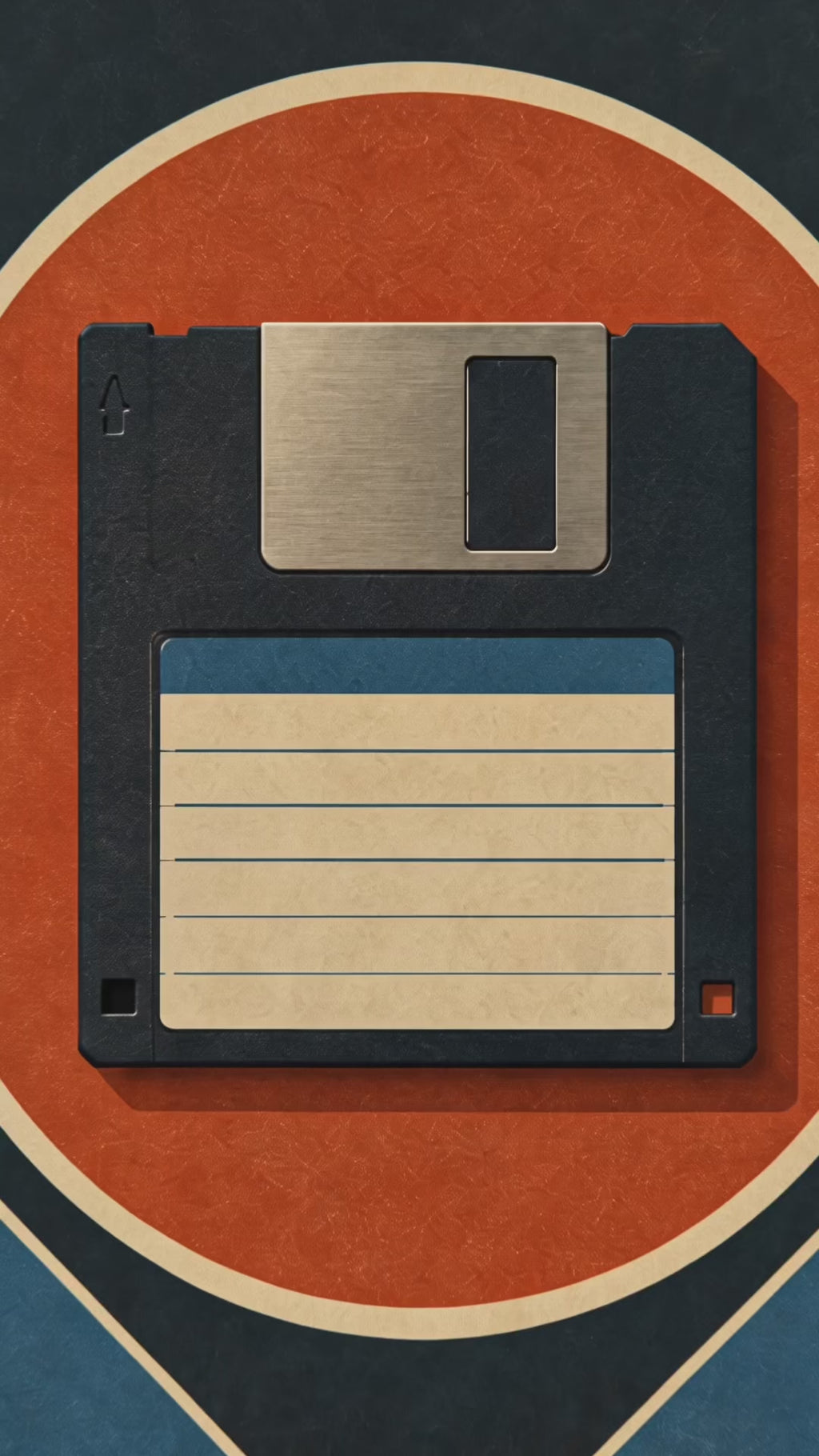 A framed wall art print featuring a retro 1980s floppy disk design hangs above a wooden desk in a styled home office setting with a keyboard, notebook, lamp, and plant.
