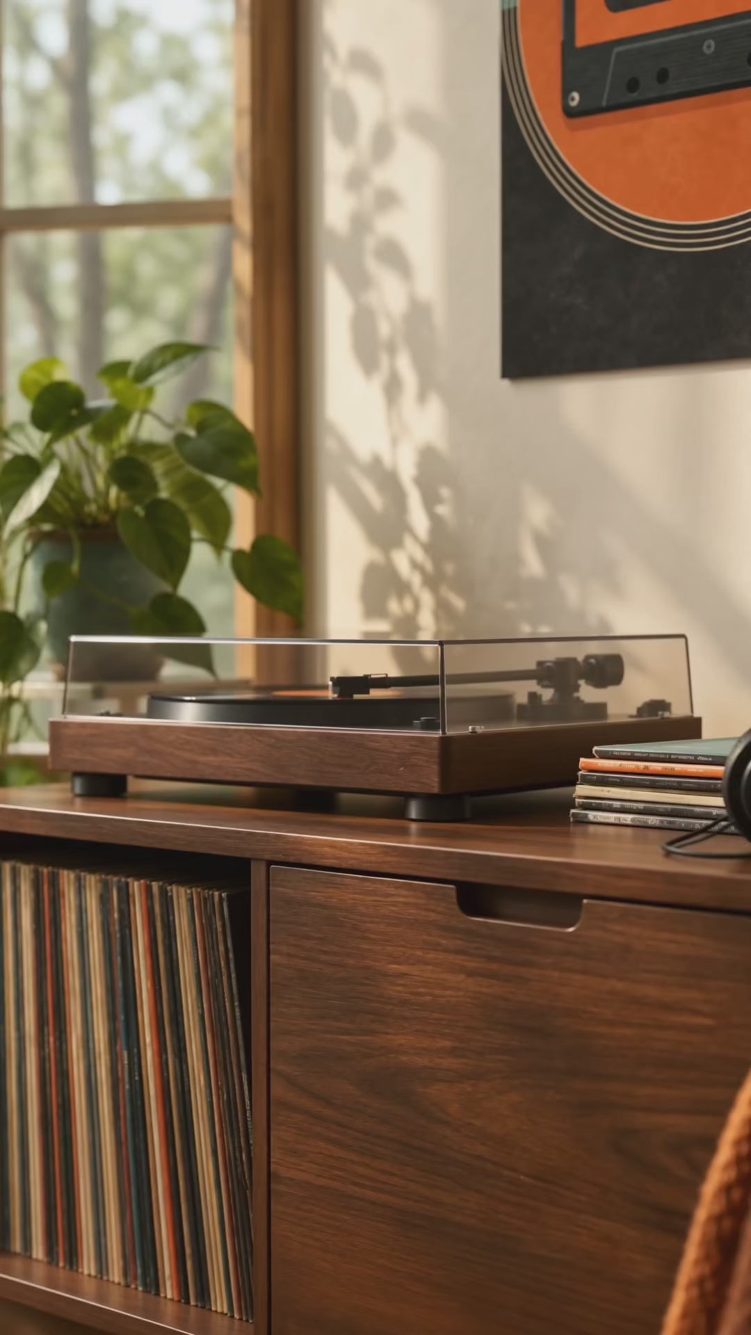 A retro-style cassette tape wall art print hangs on a beige wall above a wooden record cabinet in a sunlit room. The print features a black cassette centered in an orange circle against teal and black geometric blocks.