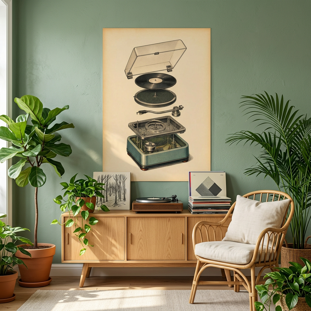 A large vertical wall art print featuring an exploded vintage record player illustration, displayed in a styled room above a wooden cabinet with plants and a rattan chair.