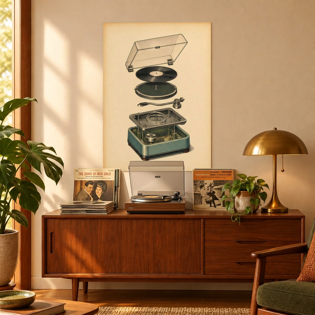A vintage-style wall art print depicting an exploded view of a record player, displayed in a warm, mid-century modern living room setting above a wooden credenza.