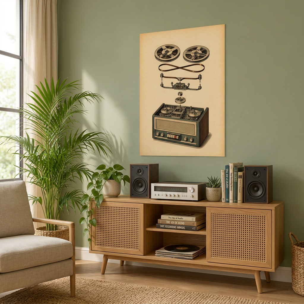 A vintage-style poster of a reel-to-reel tape recorder displayed on a sage green wall above a wooden sideboard in a styled living room.