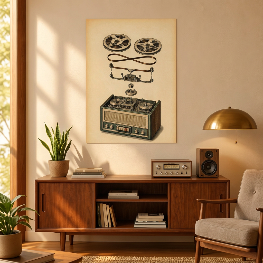 A vintage-style wall art print of a vintage tape recorder hanging above a mid-century modern wooden console table in a warm, sunlit living room.