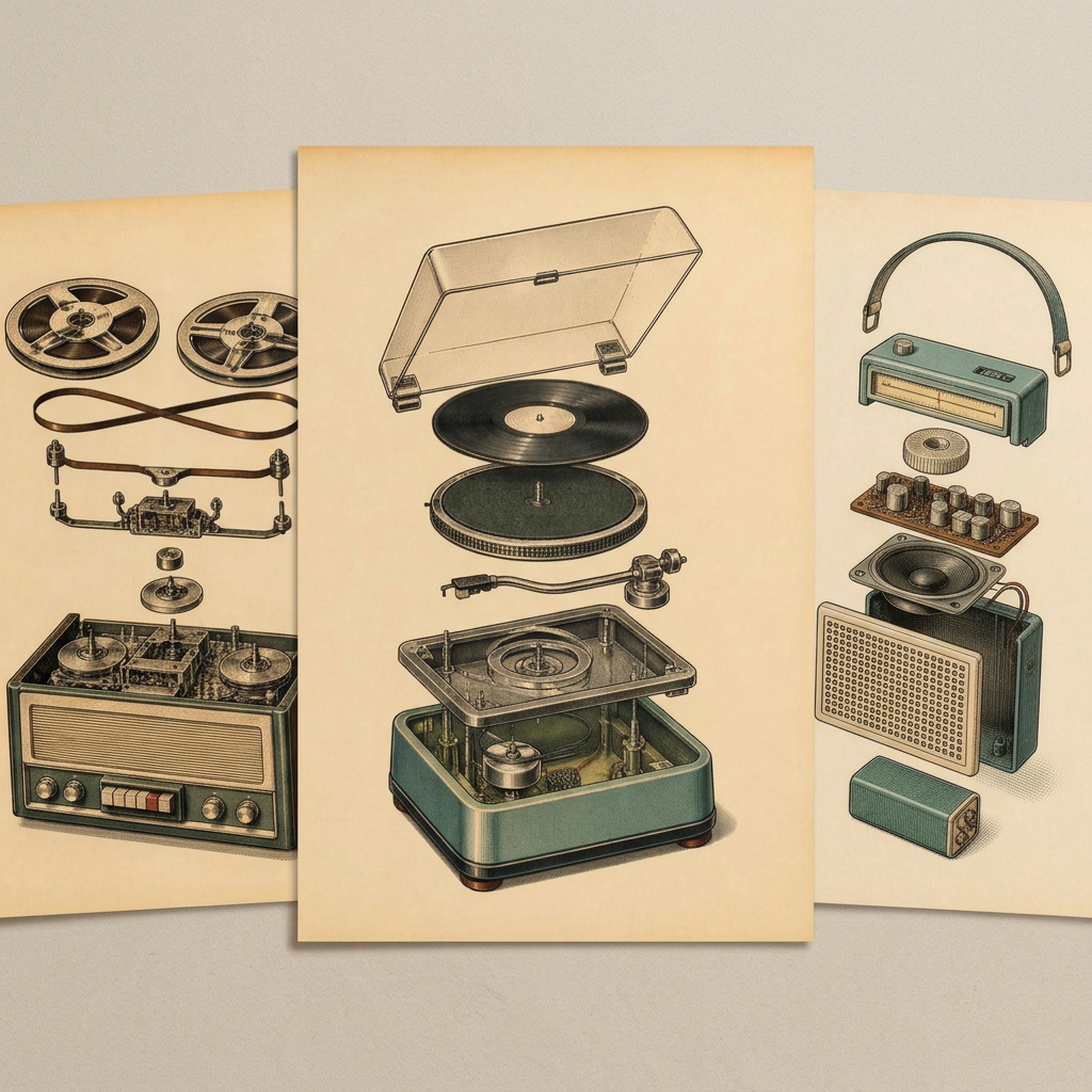 Three vintage-style illustrated poster panels arranged side by side on a light neutral background, showing exploded views of retro audio equipment including record players, radios, and a headset.