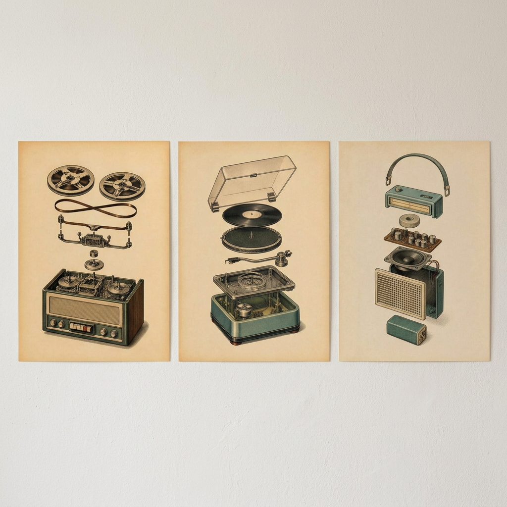 Three vertical art prints showing vintage radio and record players exploded into floating parts, displayed side-by-side on a light beige wall.