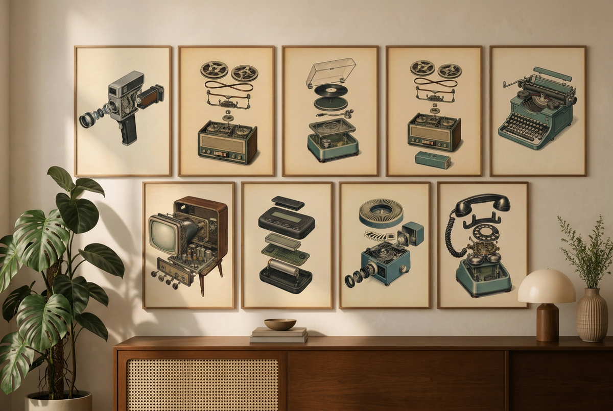 A set of nine framed vintage-style wall art prints depicting retro electronic devices, including cameras, tape recorders, a typewriter, a television, cassette players, and a telephone, arranged in two rows above a wooden console table with a plant and lamp.