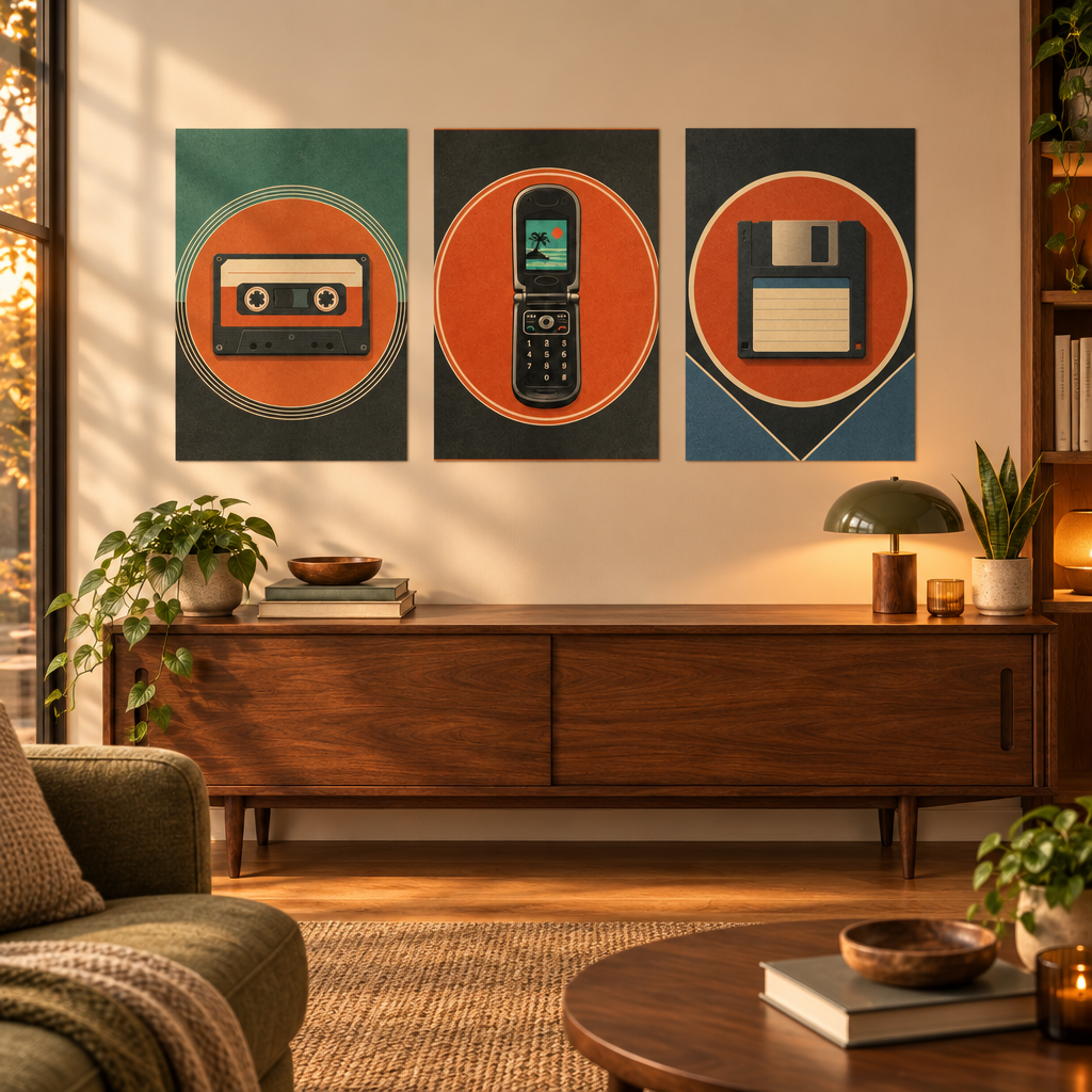 A three-panel retro wall art set hangs above a mid-century modern wooden sideboard in a styled living room. The artwork features a cassette tape, a flip phone, and a floppy disk, each centered within orange circles on dark teal and navy backgrounds.