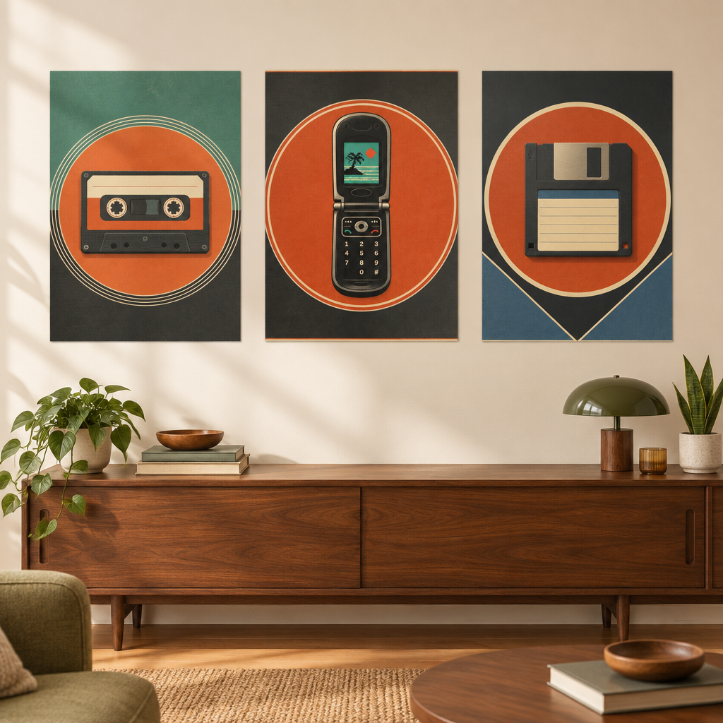 A three-panel retro wall art set hangs above a wooden console table in a styled living room. Each panel shows a vintage tech motif: a cassette tape, a flip phone, and a floppy disk, rendered in muted teal, orange, black, cream, and blue tones.